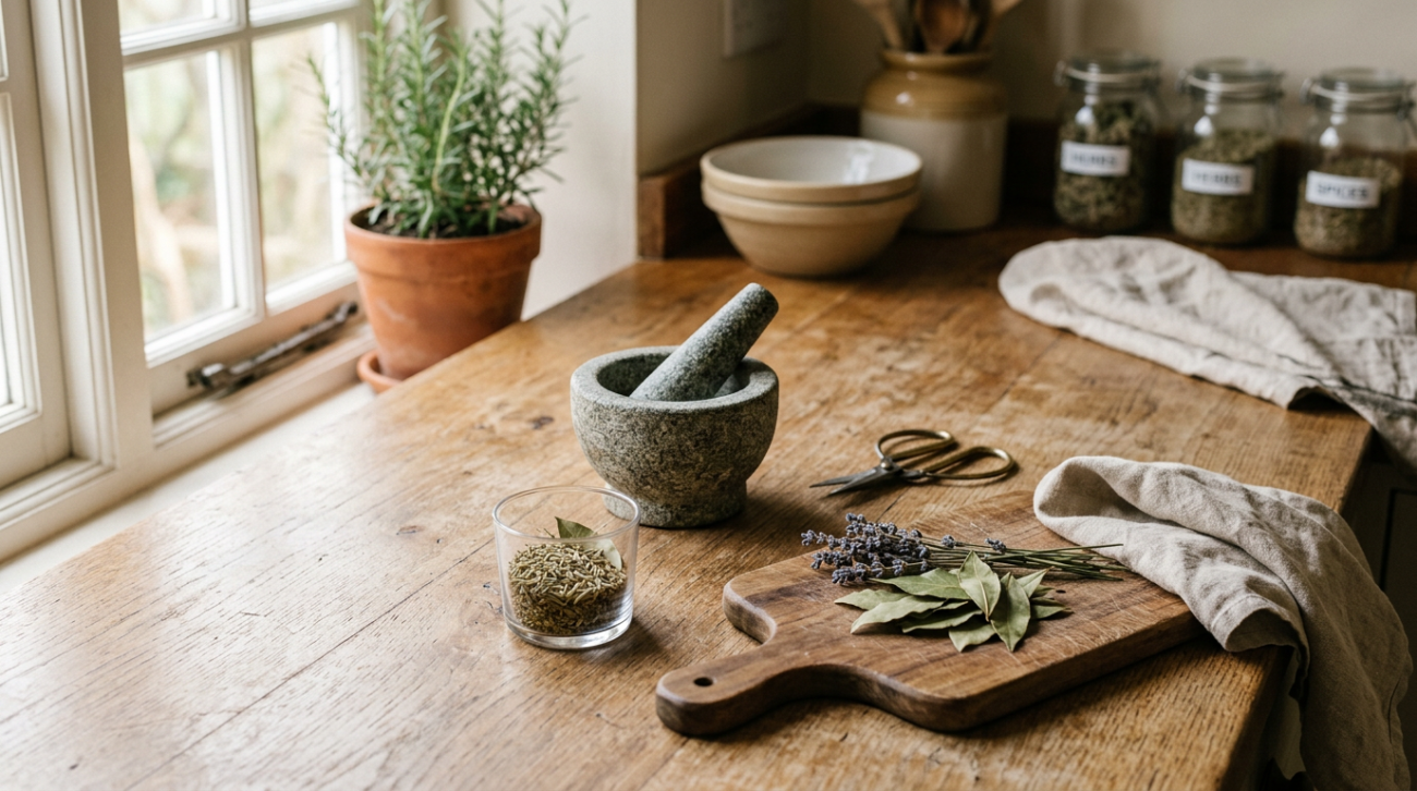 Mortar and pestle, scissors, shot glass and wooden chopping board arranged on a kitchen worktop in soft daylight