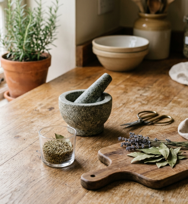 Mortar and pestle, scissors, shot glass and wooden chopping board arranged on a kitchen worktop in soft daylight