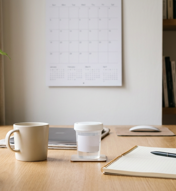 Tidy desk with a sealed sample cup, notepad and wall calendar in soft natural daylight