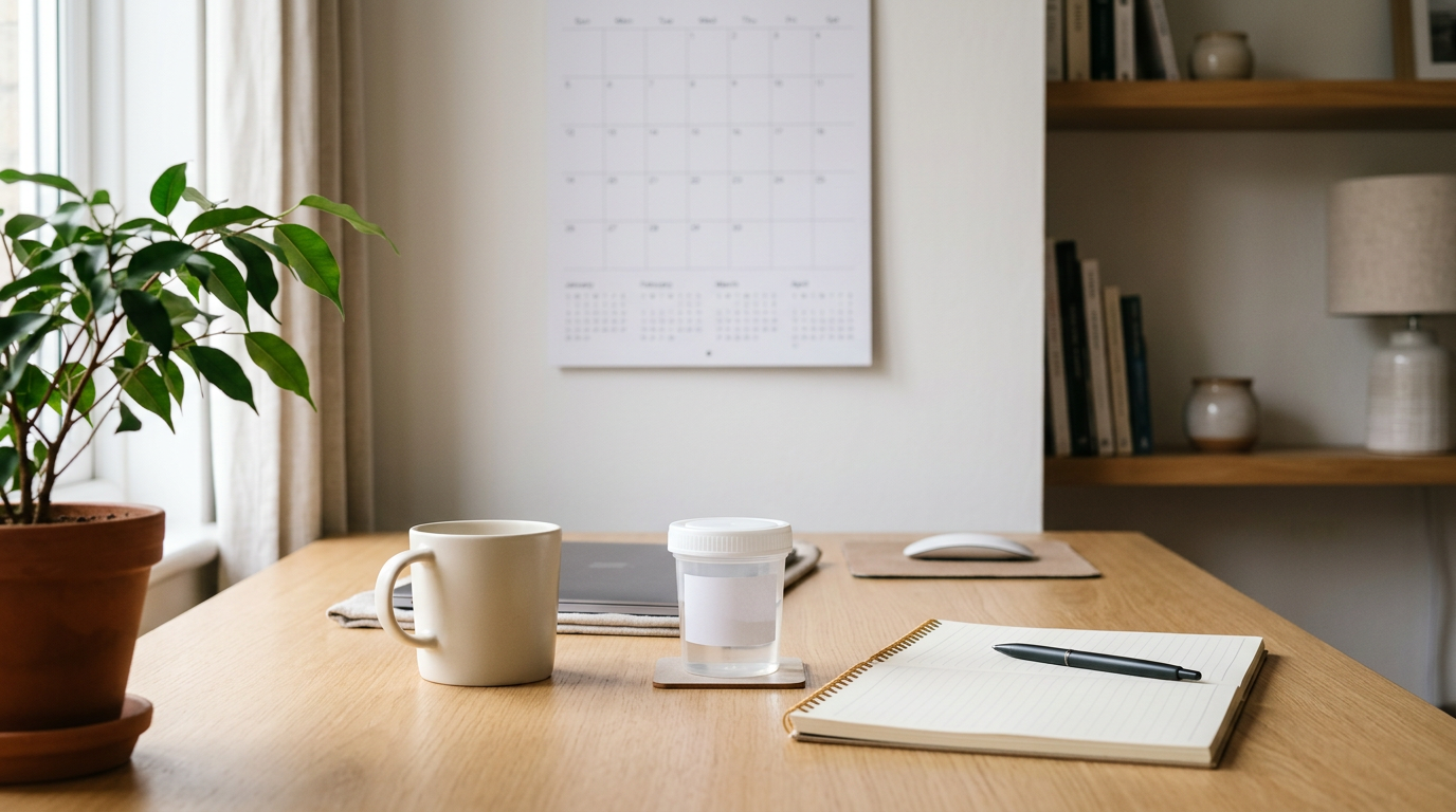 Tidy desk with a sealed sample cup, notepad and wall calendar in soft natural daylight