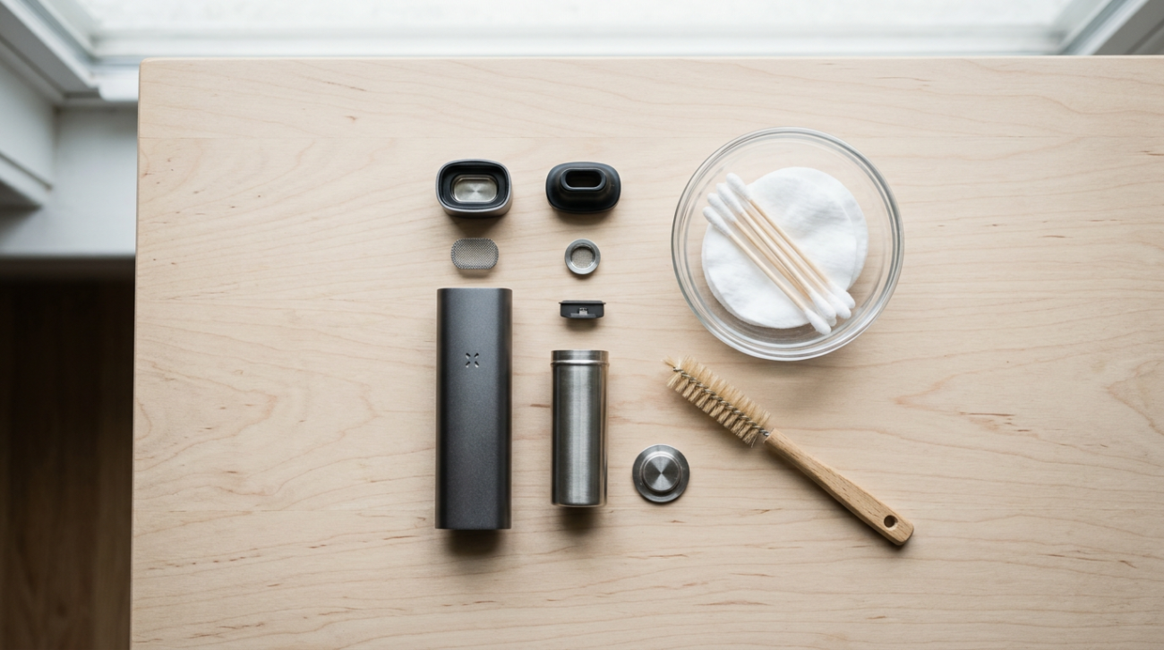 Disassembled dry herb vaporiser with a small brush, cotton swabs and a glass dish laid out on a light wooden surface