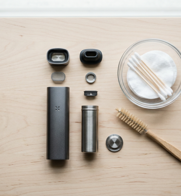 Disassembled dry herb vaporiser with a small brush, cotton swabs and a glass dish laid out on a light wooden surface