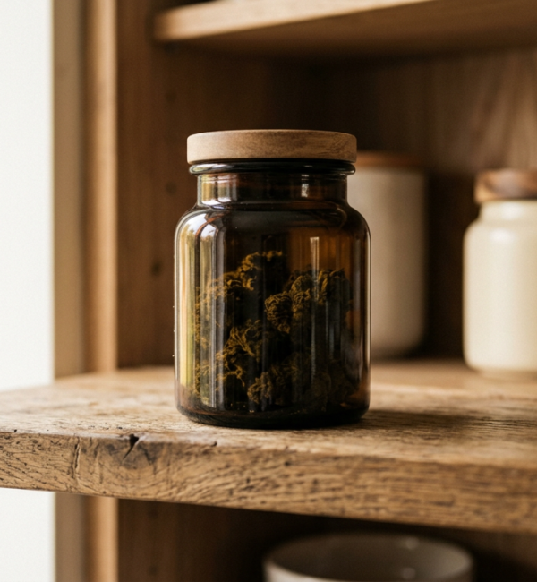 Sealed dark glass jar of dried cannabis flower on a wooden shelf inside a tidy cupboard in soft, diffused light