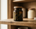 Sealed dark glass jar of dried cannabis flower on a wooden shelf inside a tidy cupboard in soft, diffused light