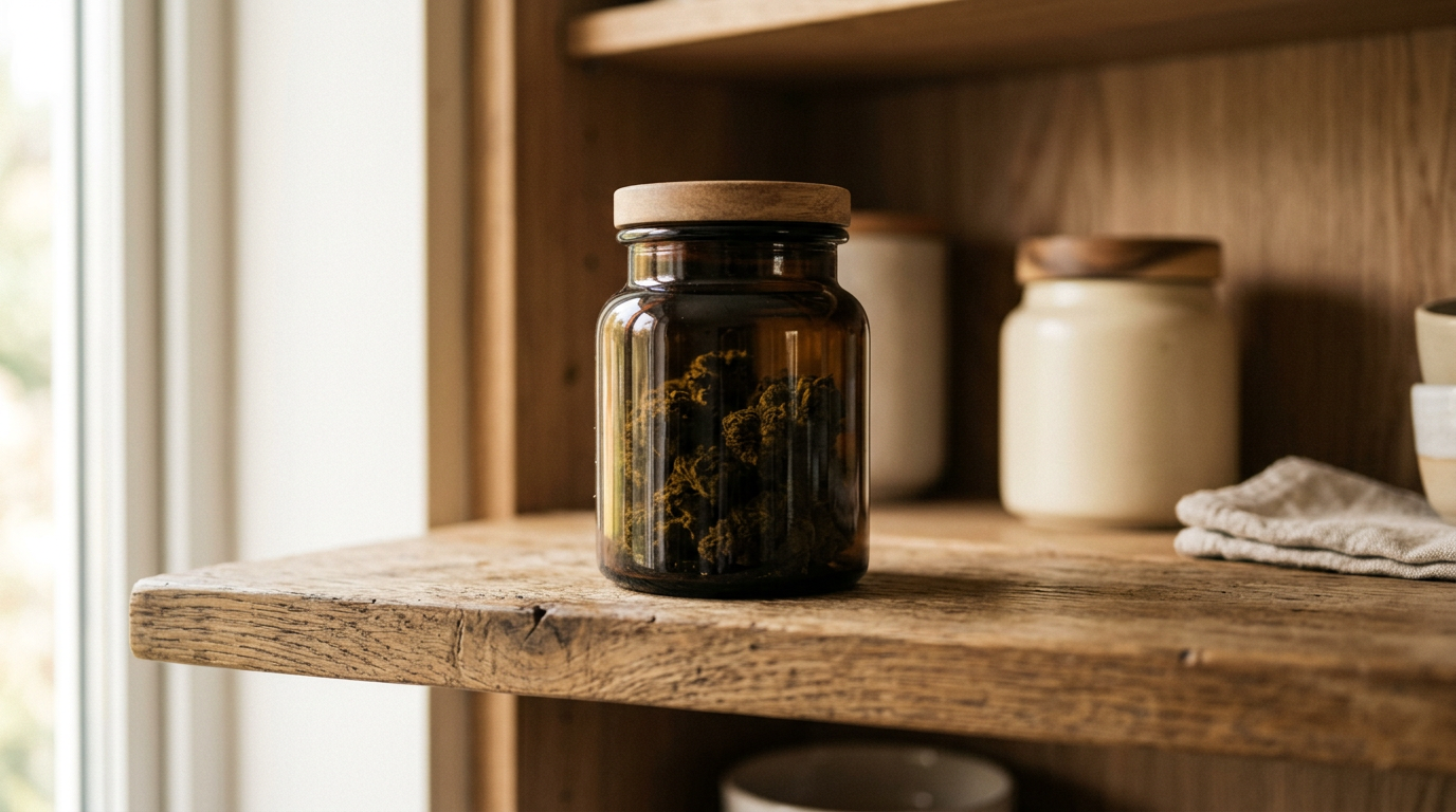 Sealed dark glass jar of dried cannabis flower on a wooden shelf inside a tidy cupboard in soft, diffused light