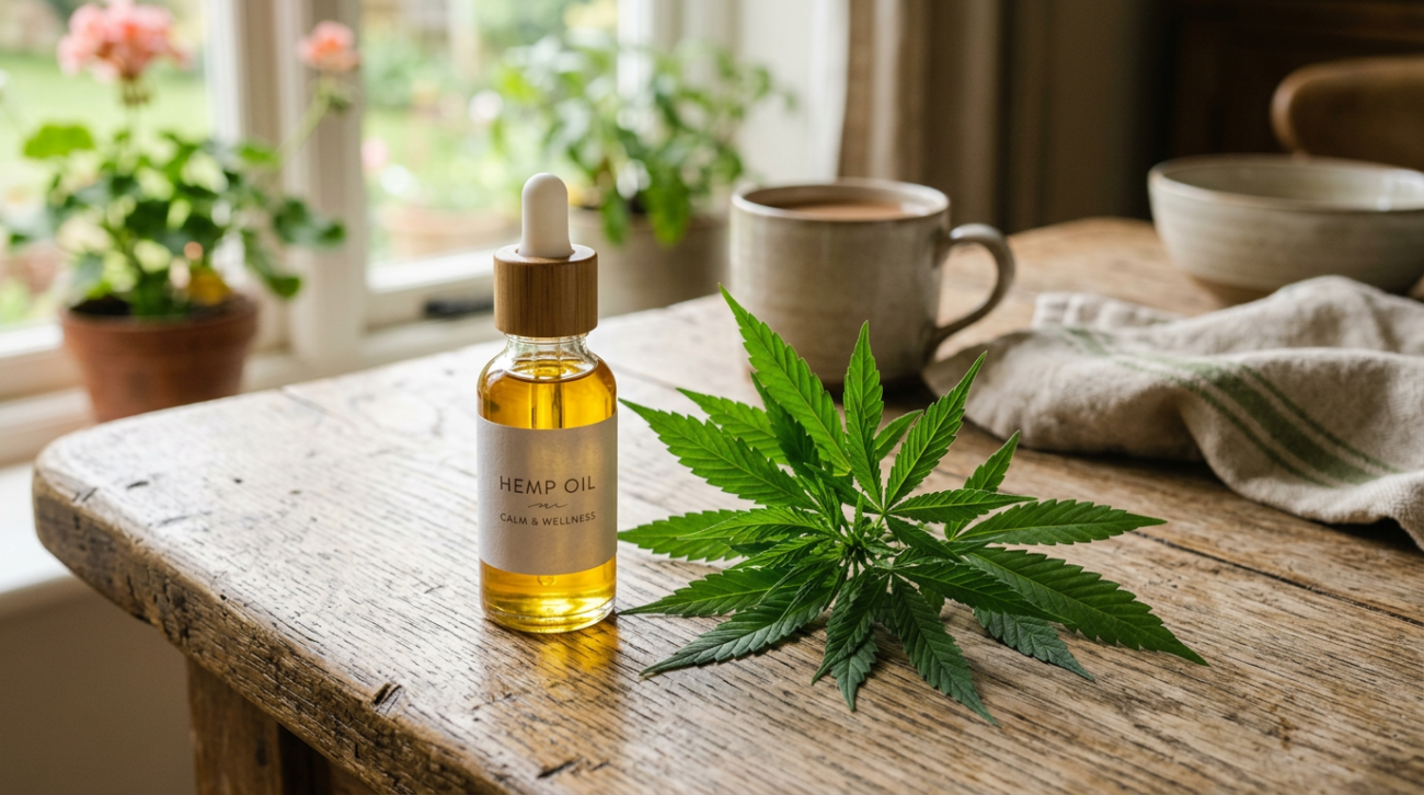 A small glass dropper bottle of golden oil on a wooden table beside green hemp leaves in soft natural daylight