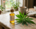 A small glass dropper bottle of golden oil on a wooden table beside green hemp leaves in soft natural daylight