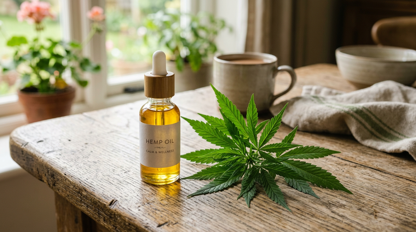 A small glass dropper bottle of golden oil on a wooden table beside green hemp leaves in soft natural daylight